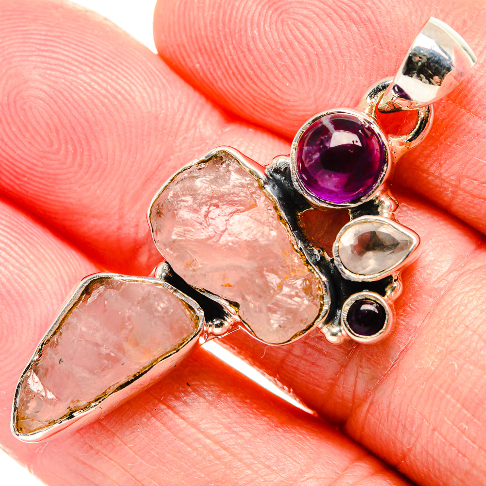 Sterling silver pendant with rough pink quartz, purple amethyst, white quartz, black onyx