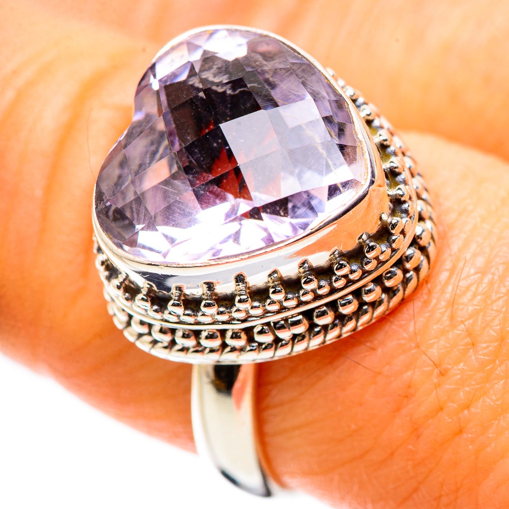 Sterling silver heart-cut amethyst ring with faceted stone and beaded band