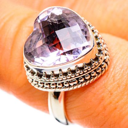 Sterling silver heart-cut amethyst ring with faceted stone and beaded band