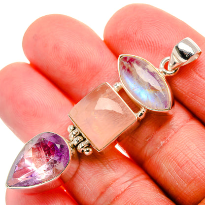 Faceted Amethyst, Rose Quartz, Rainbow Moonstone Pendant 2 3/8" (925 Sterling Silver) PD37482
