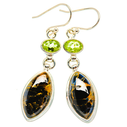 Sterling silver drop earrings with peridot green round tops and pietersite teardrops