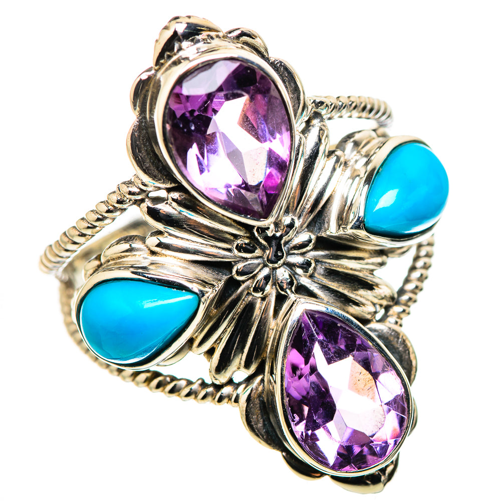 Ornate oval amethyst and turquoise gemstone sterling silver ring, front view