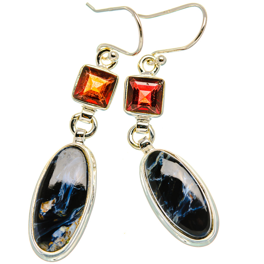 Sterling silver lever-back drop earrings with red square stones and oval pietersite dangles