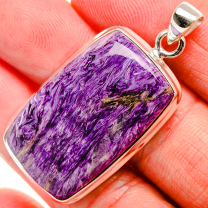 Charoite pendant in 925 sterling silver with rectangular purple stone bezel