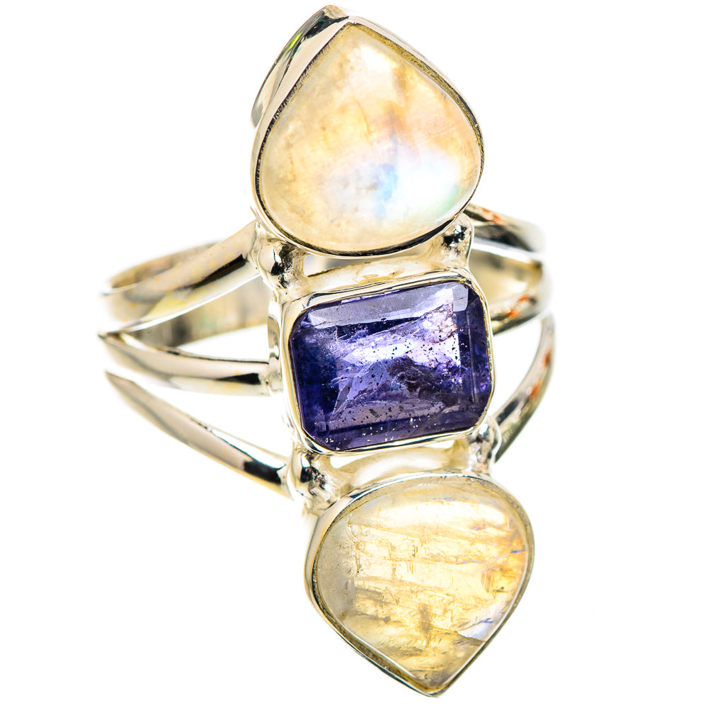 925 sterling silver ring with tanzanite square stone and three rainbow moonstone ovals