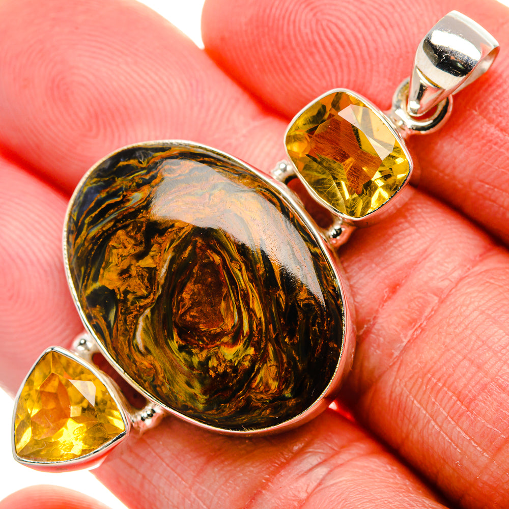 Sterling silver pietersite and citrine pendant with oval cabochon, bail and drop accents