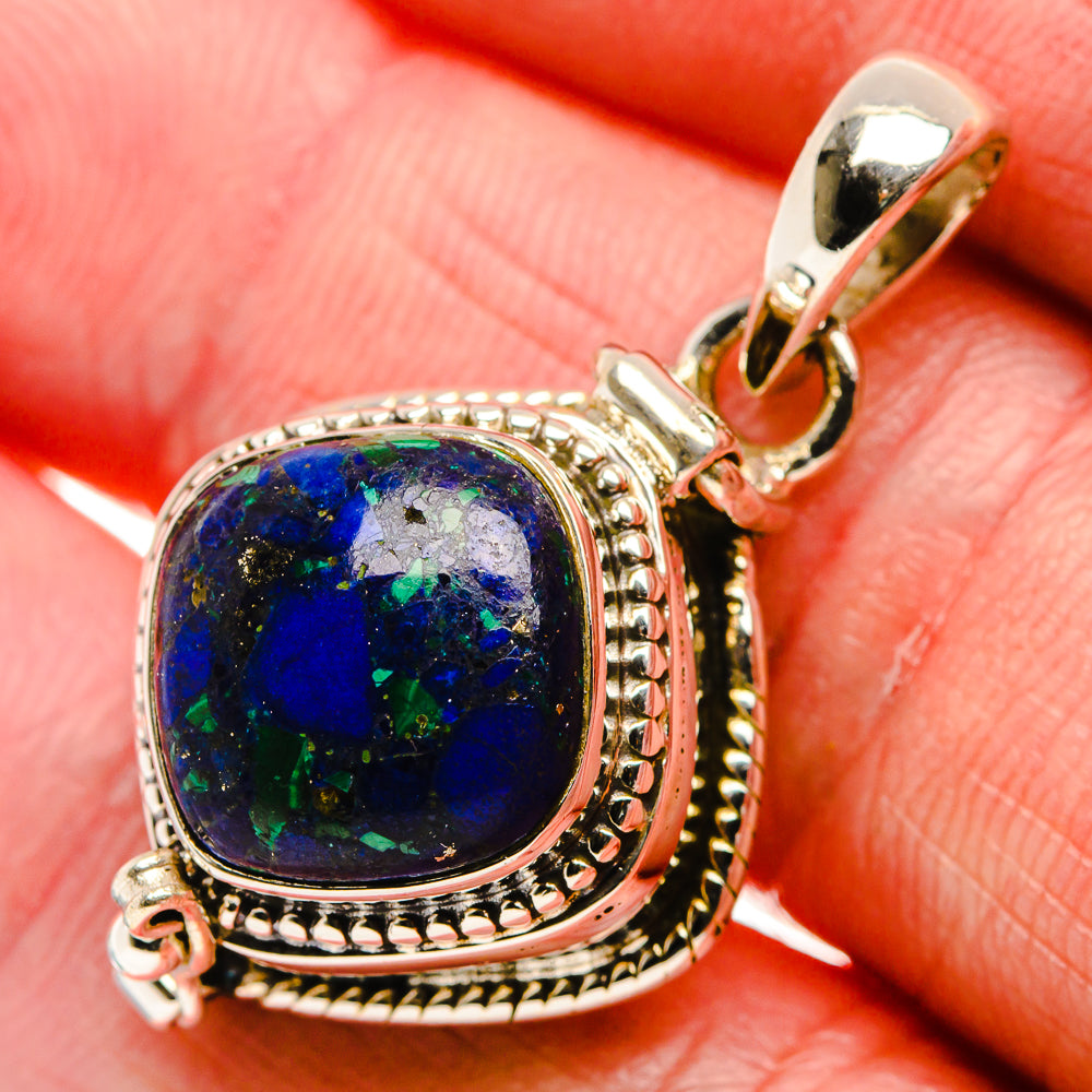 Oval lapis-look azurite pendant in 925 sterling silver, blue-green speckled cabochon