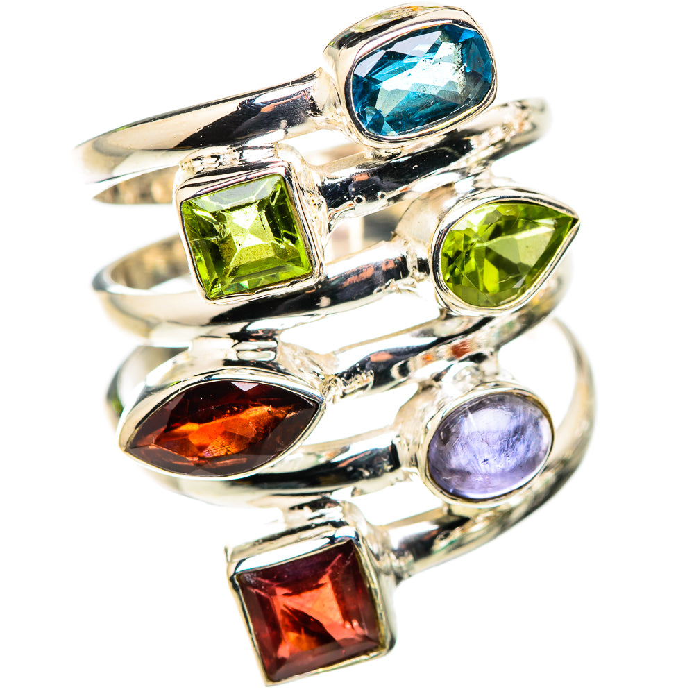 Sterling silver multigem ring with four colored gemstones in prongs