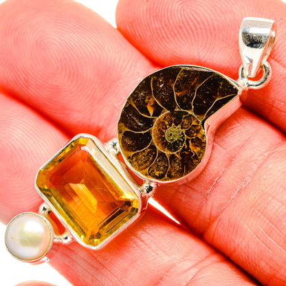 Ammonite Fossil, Citrine, Cultured Pearl Pendant 2"  (925 Sterling Silver) PD36936
