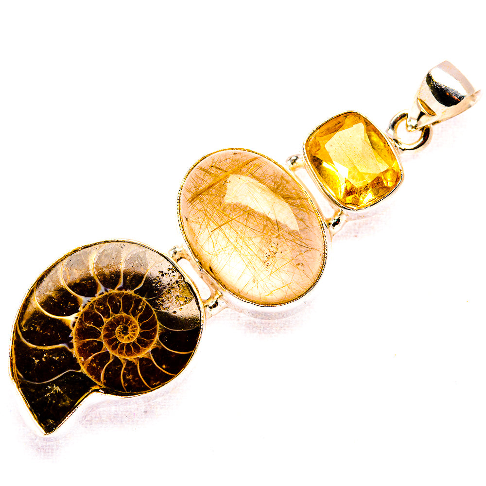 Ammonite fossil, rutilated quartz & citrine sterling silver pendant, side view