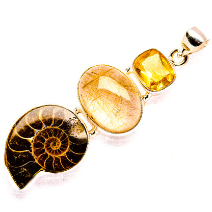 Ammonite fossil, rutilated quartz & citrine sterling silver pendant, side view