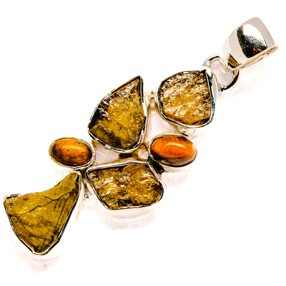Rough tiger eye and amber gemstone pendant, 925 sterling silver prong setting, teardrop stones