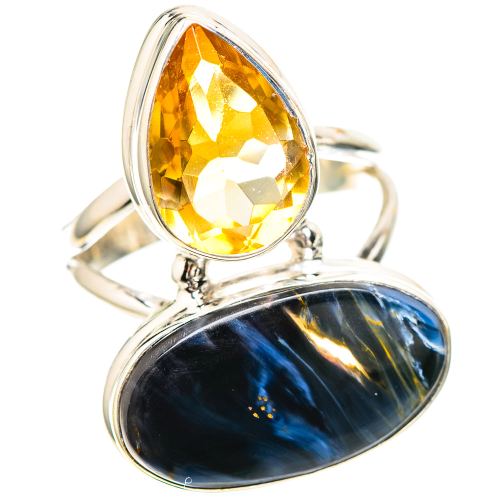 Silver ring with large pear-cut citrine and oval pietersite stones, size 8.5