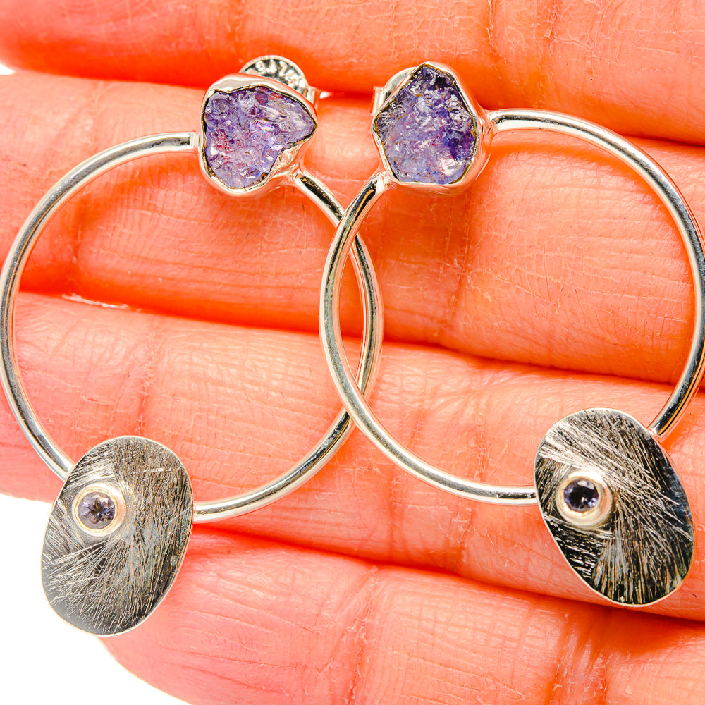 925 sterling silver hoop earrings with rough purple tanzanite studs and textured oval drops