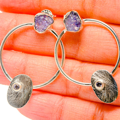 925 sterling silver hoop earrings with rough purple tanzanite studs and textured oval drops
