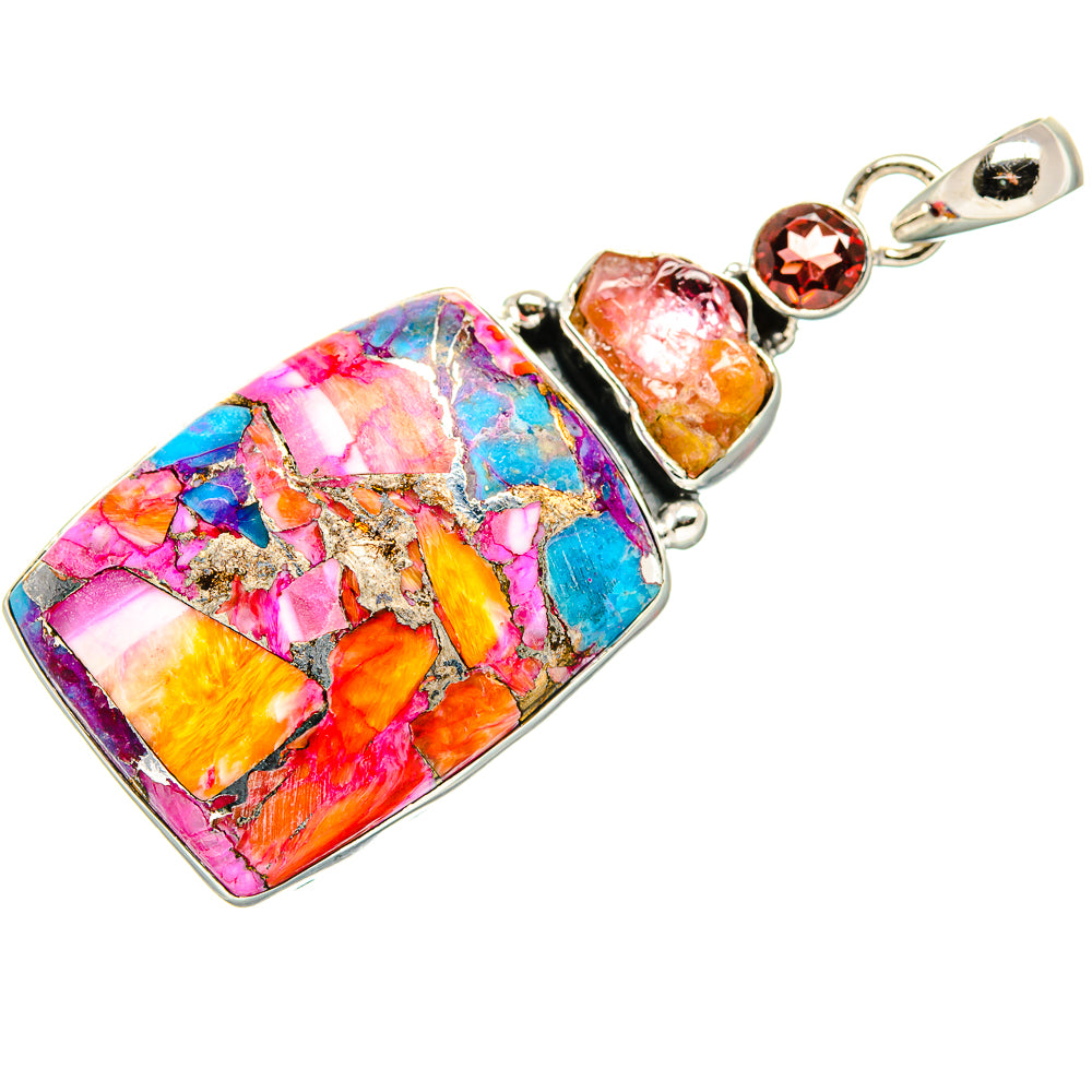 Kingman Pink Dahlia Turquoise, Pink Tourmaline, Garnet Pendant 2" (925 Sterling Silver) PD36288