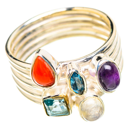 Sterling silver multi-stone ring with oval purple, red, blue and opalescent gems