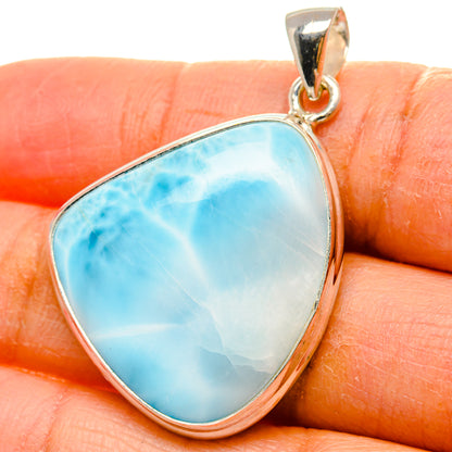925 sterling silver larimar pendant, teardrop blue stone on finger for scale