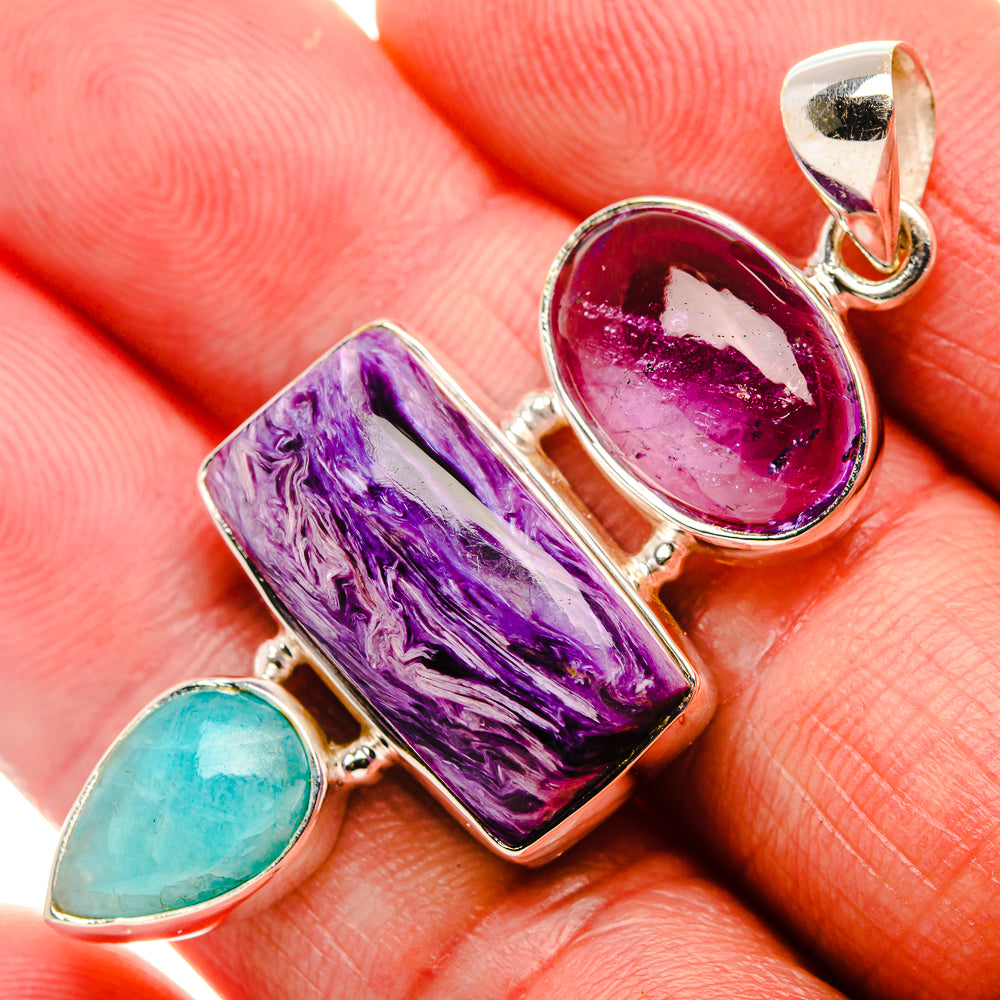 Charoite, Amethyst, Amazonite 925 Sterling Silver Pendant 2 1/8" (925 Sterling Silver) PD37738