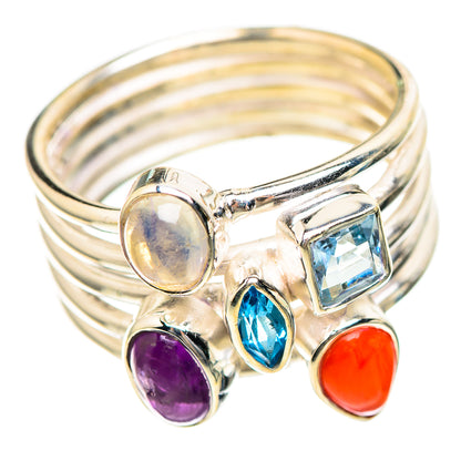 Rainbow Moonstone, Amethyst, Carnelian, Blue Topaz Ring Size 6.25 (925 Sterling Silver) RING136324
