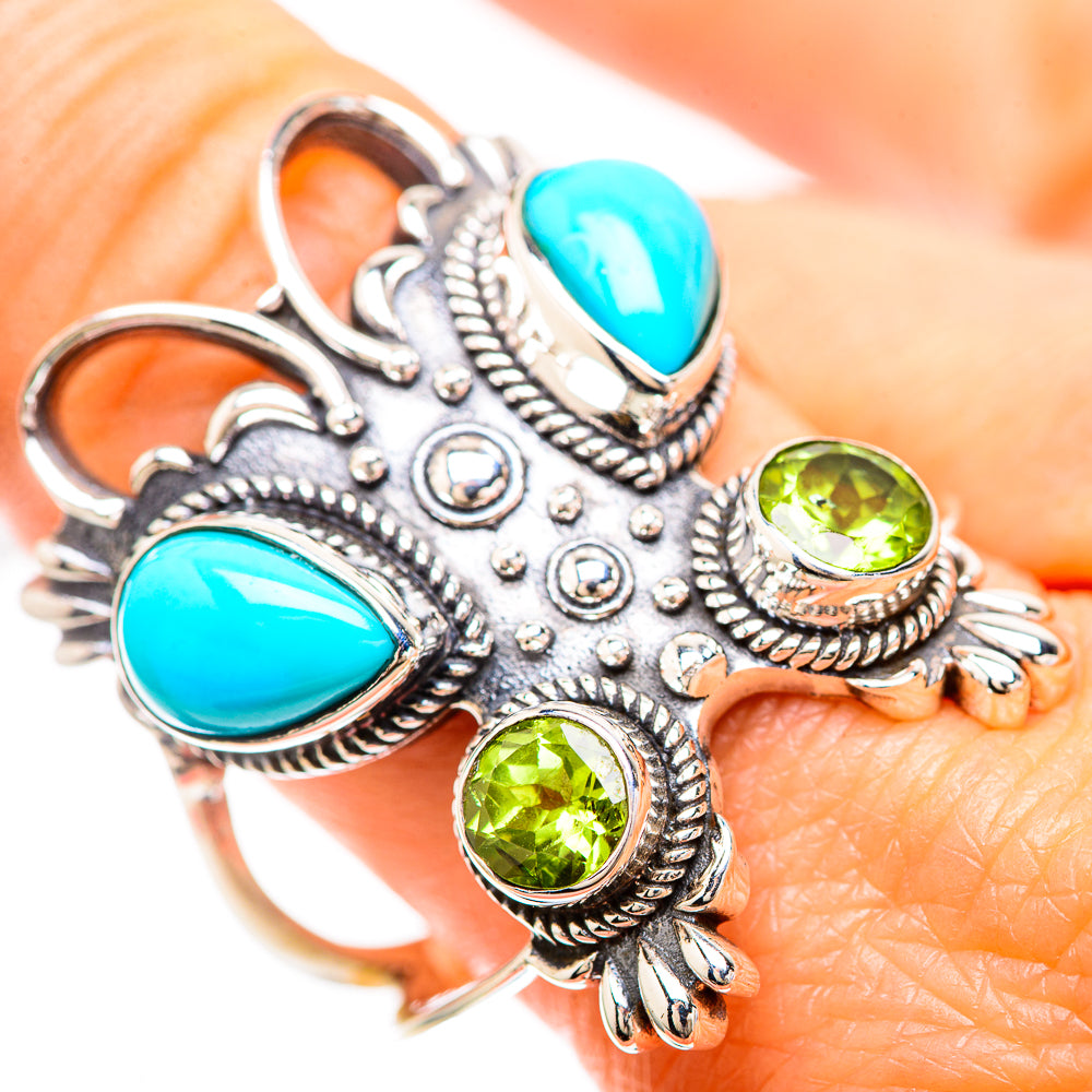 Turquoise and peridot gemstone statement ring in 925 sterling silver, ornate design