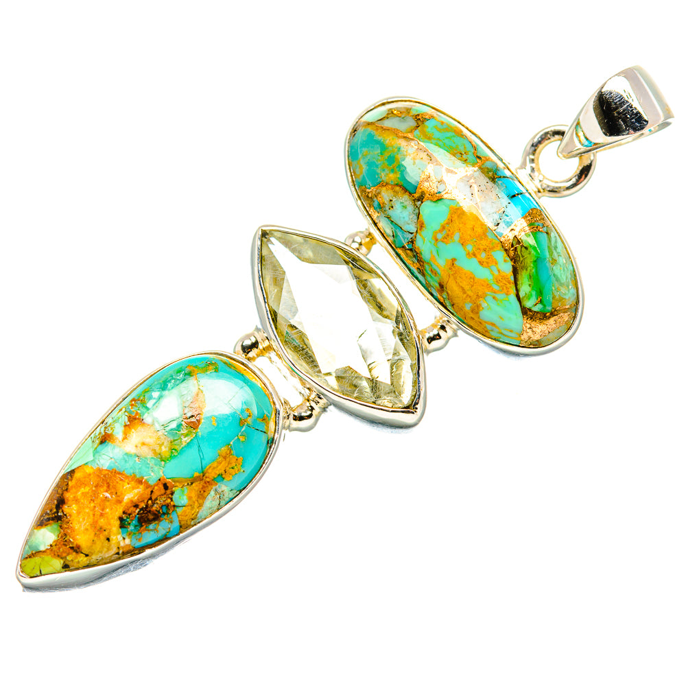 Sterling silver teardrop pendant with turquoise cabochons and dangling crystal stone