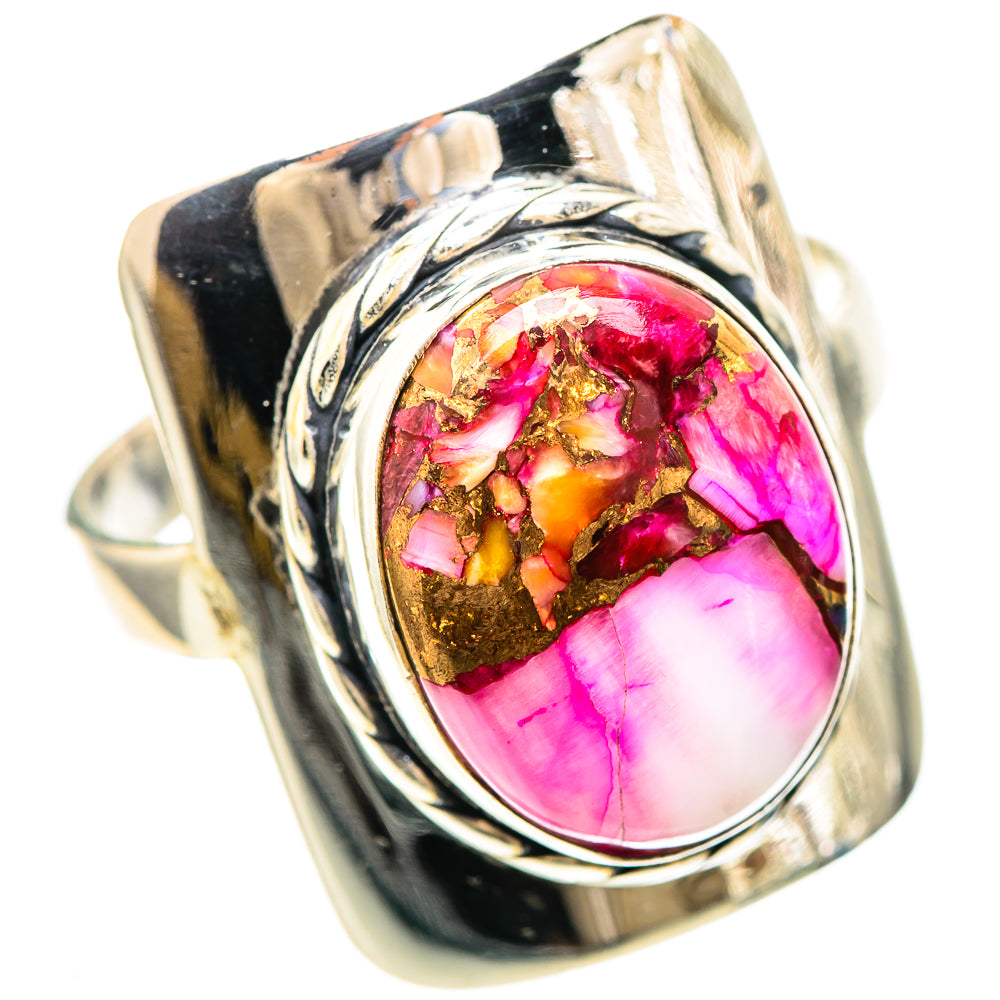 Pink oval gemstone ring with gold flecks on 925 sterling silver ornate bezel