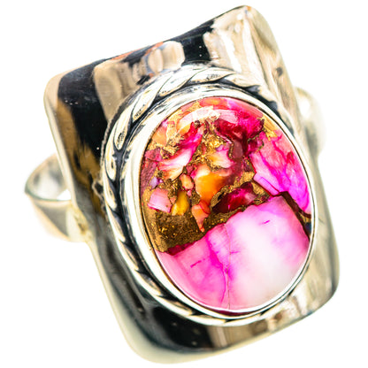 Pink oval gemstone ring with gold flecks on 925 sterling silver ornate bezel