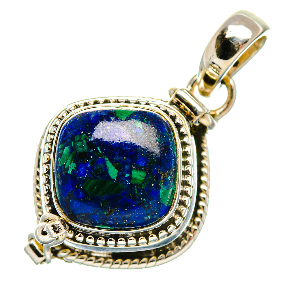 Oval sterling silver azurite pendant with blue-green mosaic stone in engraved frame