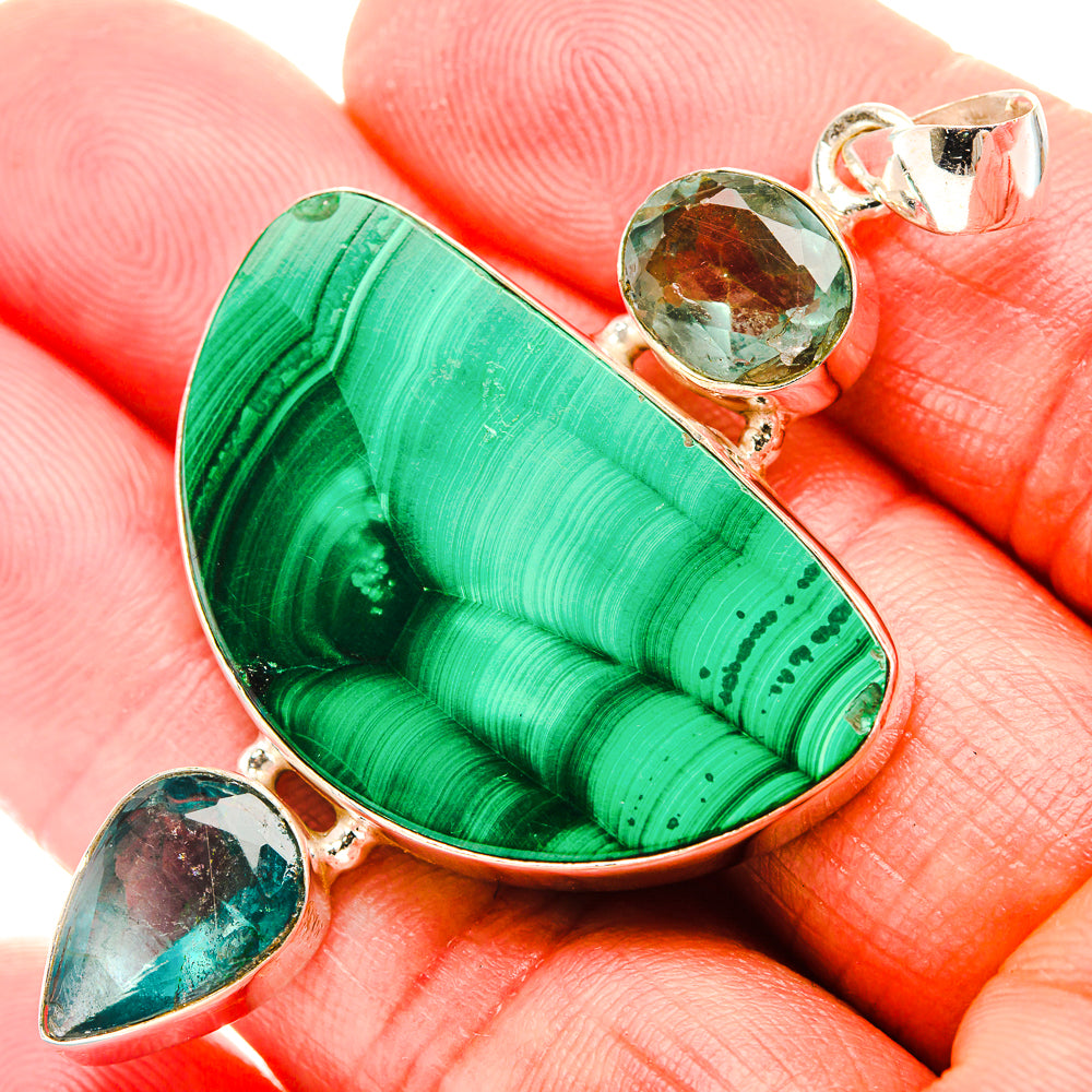 Malachite, Apatite 925 Sterling Silver Pendant 2 3/8" Ana Co P37373