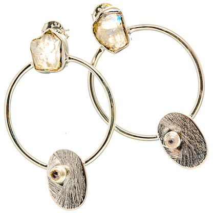 Pair of sterling silver hoop earrings with rough light gemstone caps and oval charms