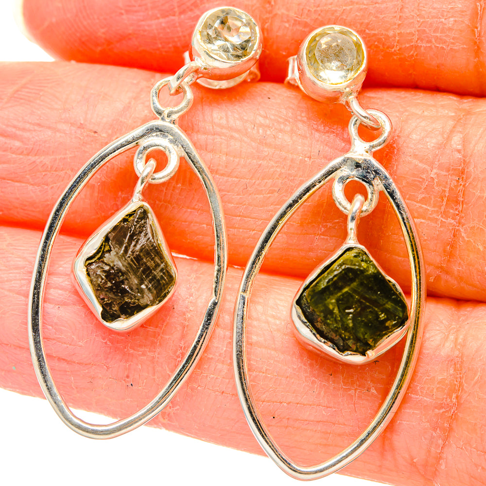 925 sterling silver teardrop earrings with rough peridot and white quartz drops