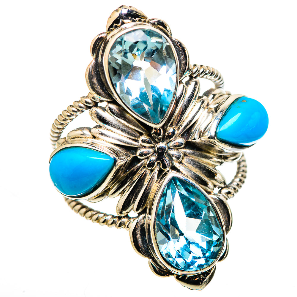 Turquoise and blue gemstone cocktail ring with oval stones and turquoise cabochons, silver