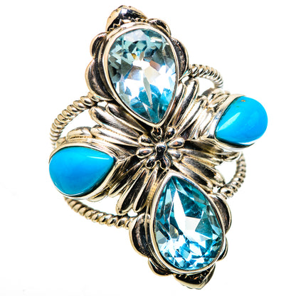 Turquoise and blue gemstone cocktail ring with oval stones and turquoise cabochons, silver