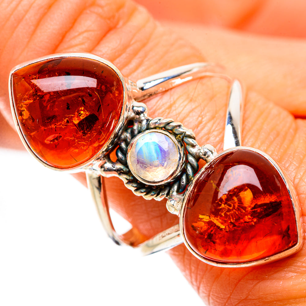Baltic Amber, Rainbow Moonstone Ring Size 10.25 (925 Sterling Silver) RING134954
