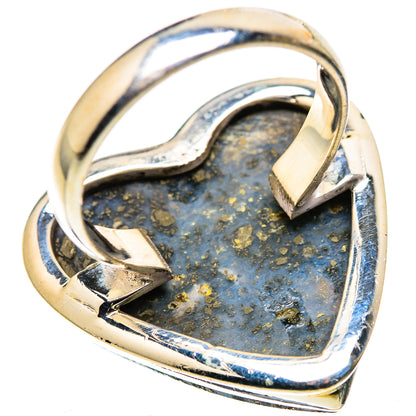 Heart-shaped blue pyrite ring with openwork silver metal band
