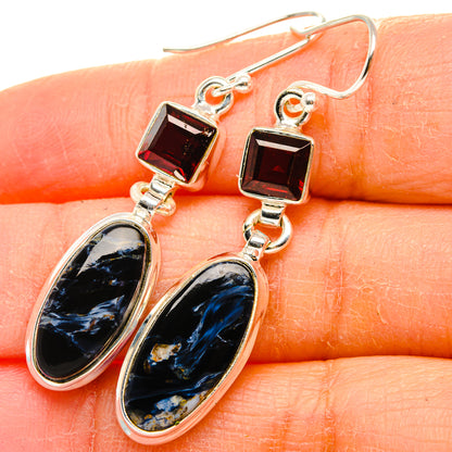 925 sterling silver drop earrings with red square stones and pietersite oval dangles