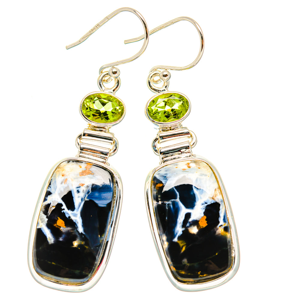 Pair of sterling silver dangle earrings with green peridot and pietersite drop stones
