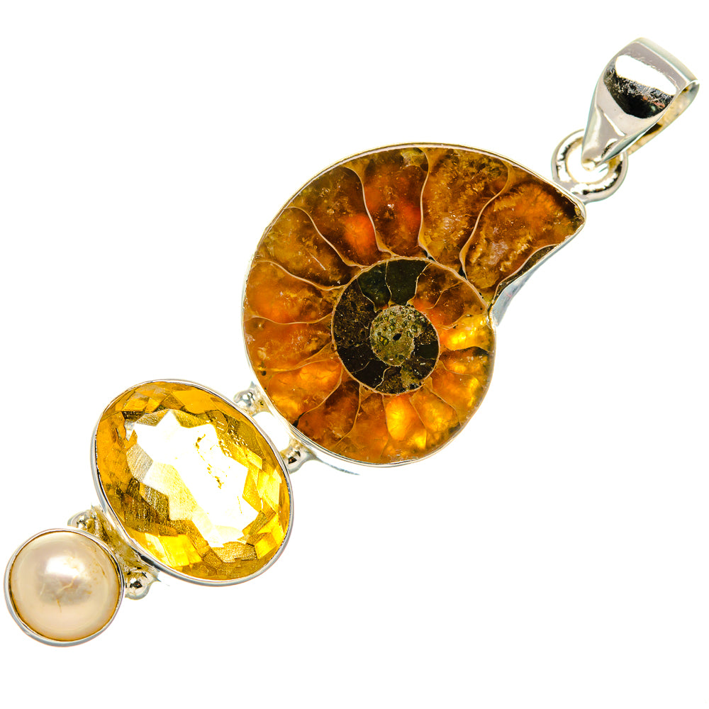 Ammonite Fossil, Citrine, Cultured Pearl Pendant 2 1/8" (925 Sterling Silver) PD37152