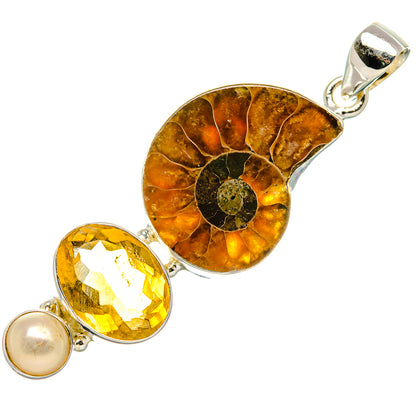 Ammonite Fossil, Citrine, Cultured Pearl Pendant 2 1/8" (925 Sterling Silver) PD37152