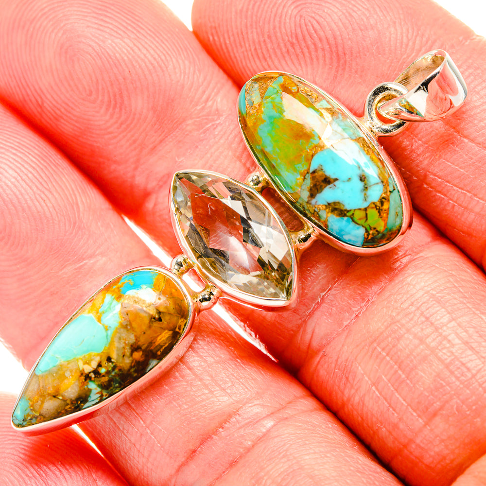 Multi-stone teardrop pendant in sterling silver with turquoise green and yellow stones