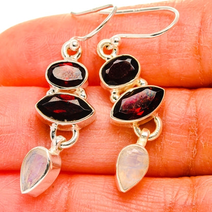 Garnet, Rainbow Moonstone Earrings 1 3/4"  (925 Sterling Silver) EARR431629