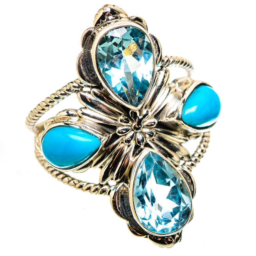 Silver oval blue gemstone ring with four turquoise cabochons and ornate rope detailing