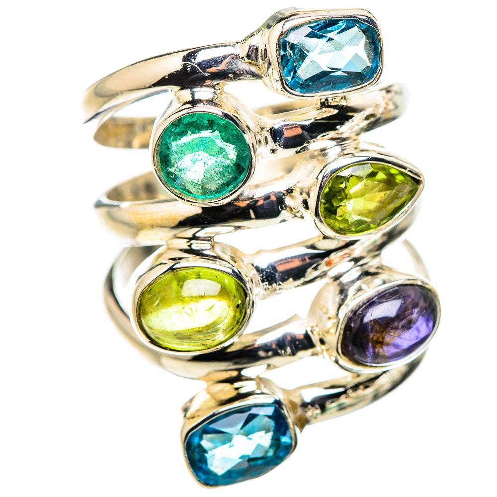925 sterling silver ring with oval blue topaz, peridot, emerald, and tanzanite