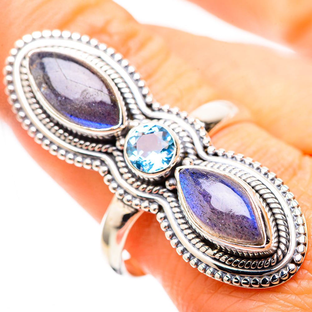 925 sterling silver ring with two oval labradorite and round blue topaz center