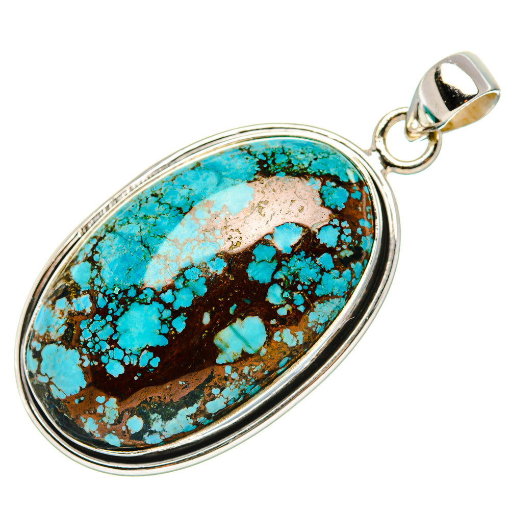 Oval turquoise gemstone pendant with sterling silver frame and top bail loop