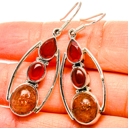 Red onyx and amber glitter drop earrings with teardrop stones on 925 silver hooks