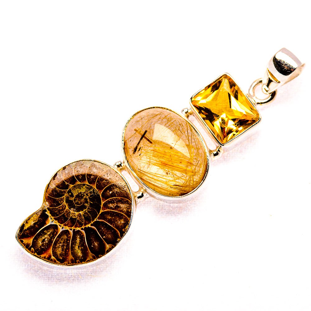 925 sterling silver pendant with ammonite fossil, round rutilated quartz, and yellow citrine