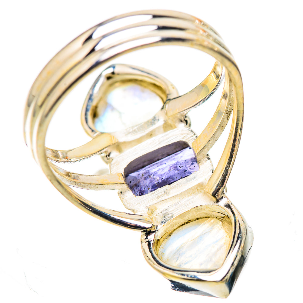 925 sterling silver ring showing stacked tanzanite and rainbow moonstone bezel settings