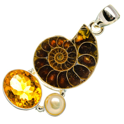 Ammonite Fossil, Citrine, Cultured Pearl Pendant 1 3/4" (925 Sterling Silver) PD37065